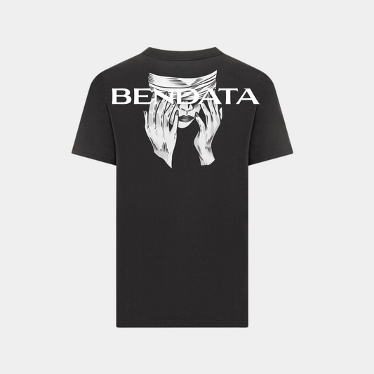 T-shirt nera Bendata con stampa volto bendato sul retro e logo frontale